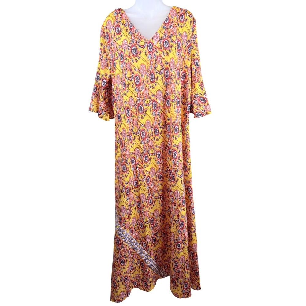 Yellow Abstract Medallion V-Neck Bell Sleeve Maxi Dress XL